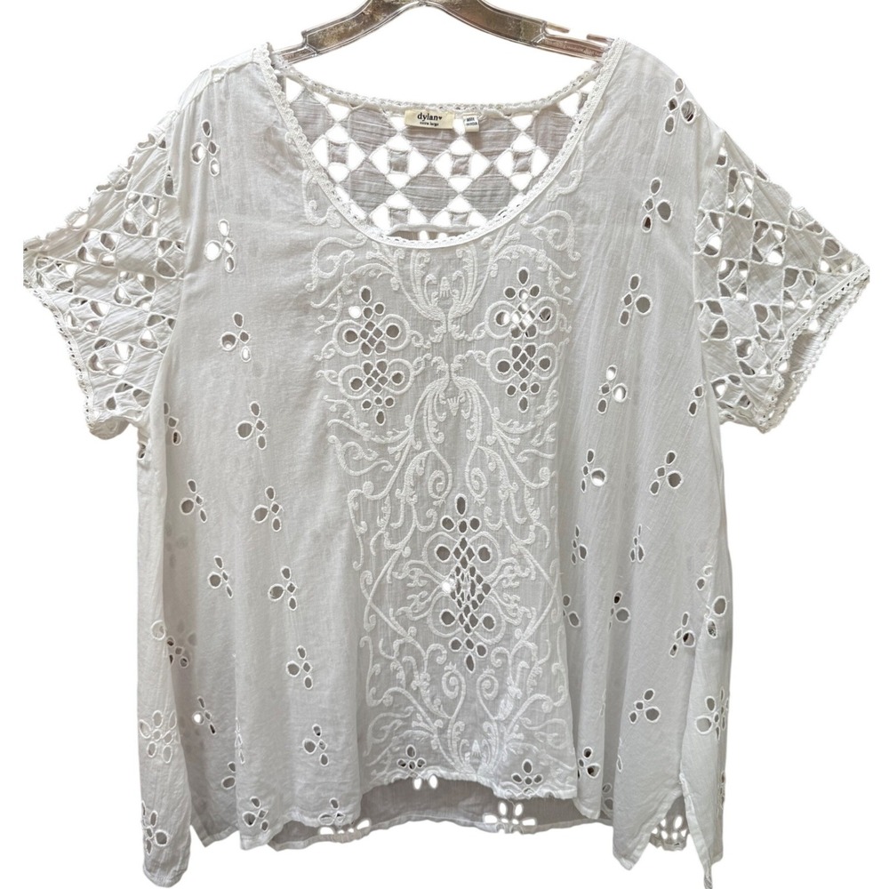 Dylan White Cotton Eyelet Lace Boho Blouse XL Extra Large Short Sleeve Top
